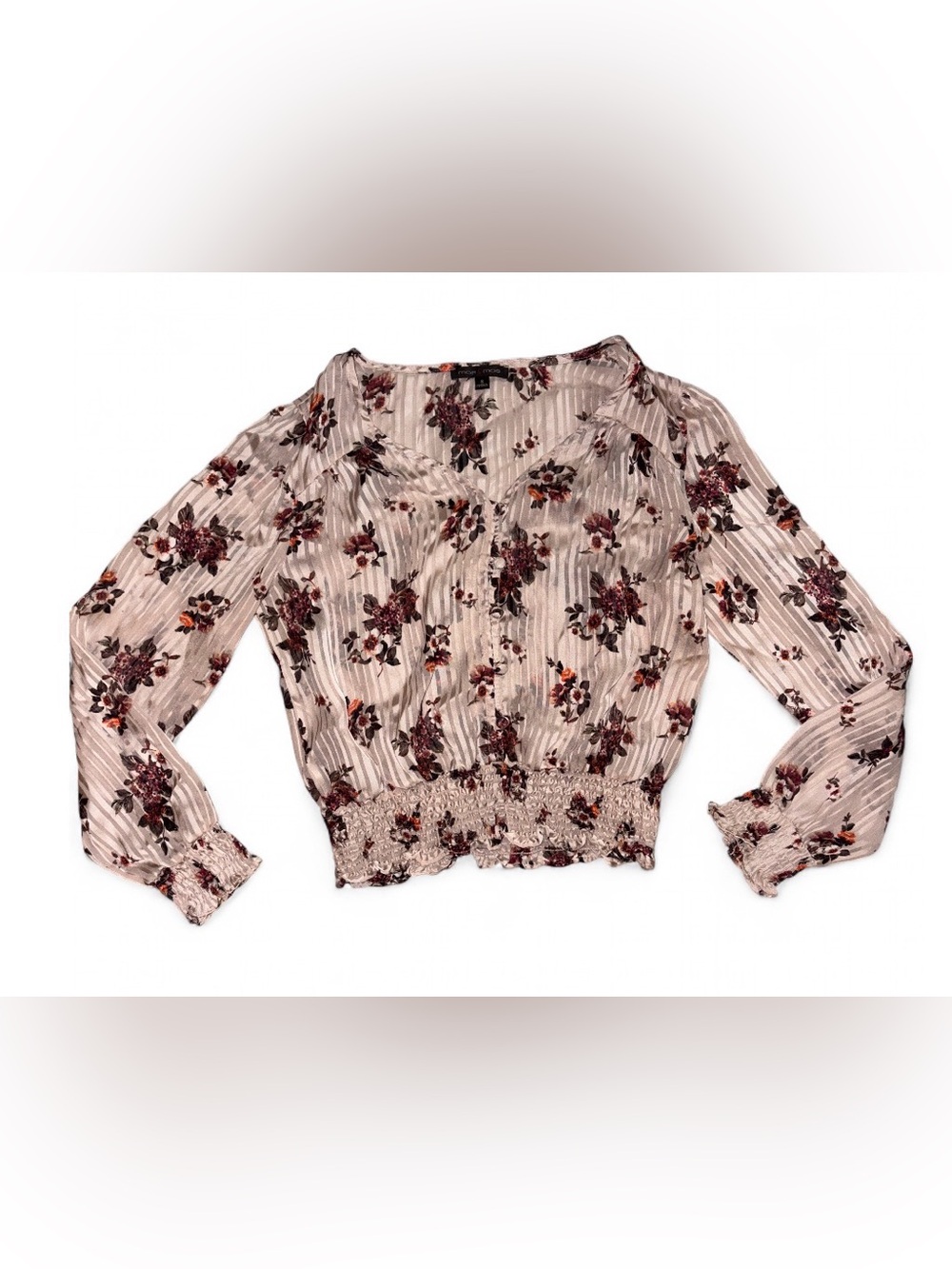 Moa Moa Beige Floral Button-Front Smocked-Hem Blouse